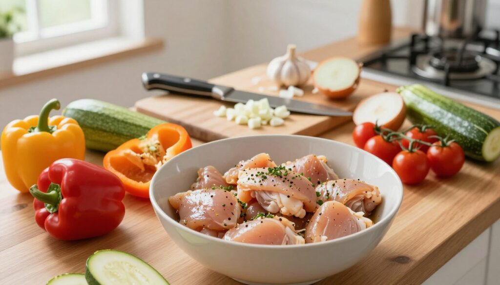 In a bright, inviting kitchen setting, a wooden countertop is adorned with neatly arranged ingredients for marinating chicken and vegetables. In the foreground, marinated chicken pieces in a mixing bowl glisten with herbs and spices, surrounded by vibrant bell peppers, zucchini, and cherry tomatoes, all chopped and colorful. In the middle, a cutting board shows a chef's knife resting beside freshly chopped garlic and onions, adding a rustic touch. The background features soft, natural light coming through a window, illuminating the scene and creating a warm, homey atmosphere. The overall mood is one of culinary creativity and preparation, inviting readers to dive into the cooking process. In a bright, inviting kitchen setting, a wooden countertop is adorned with neatly arranged ingredients for marinating chicken and vegetables. In the foreground, marinated chicken pieces in a mixing bowl glisten with herbs and spices, surrounded by vibrant bell peppers, zucchini, and cherry tomatoes, all chopped and colorful. In the middle, a cutting board shows a chef's knife resting beside freshly chopped garlic and onions, adding a rustic touch. The background features soft, natural light coming through a window, illuminating the scene and creating a warm, homey atmosphere. The overall mood is one of culinary creativity and preparation, inviting readers to dive into the cooking process.