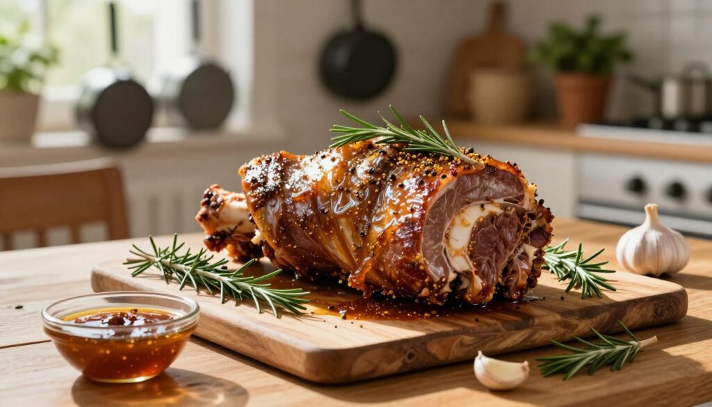 In a warm and inviting kitchen setting, a beautifully arranged table showcases a marinated pork shoulder ready for roasting. The pork shoulder, coated in a rich, glossy marinade, glistens with spices and herbs, surrounded by sprigs of rosemary and garlic cloves. Bright natural light streams in through a nearby window, casting soft shadows and highlighting the texture of the meat. A rustic wooden cutting board in the foreground holds a small bowl of the marinade, emphasizing the depth of flavors. The background features kitchen elements like hanging pots and a subtle blurred view of herbs in pots, creating a cozy, home-cooked atmosphere. The overall mood is inviting and earthy, capturing the essence of savory, tender preparations.