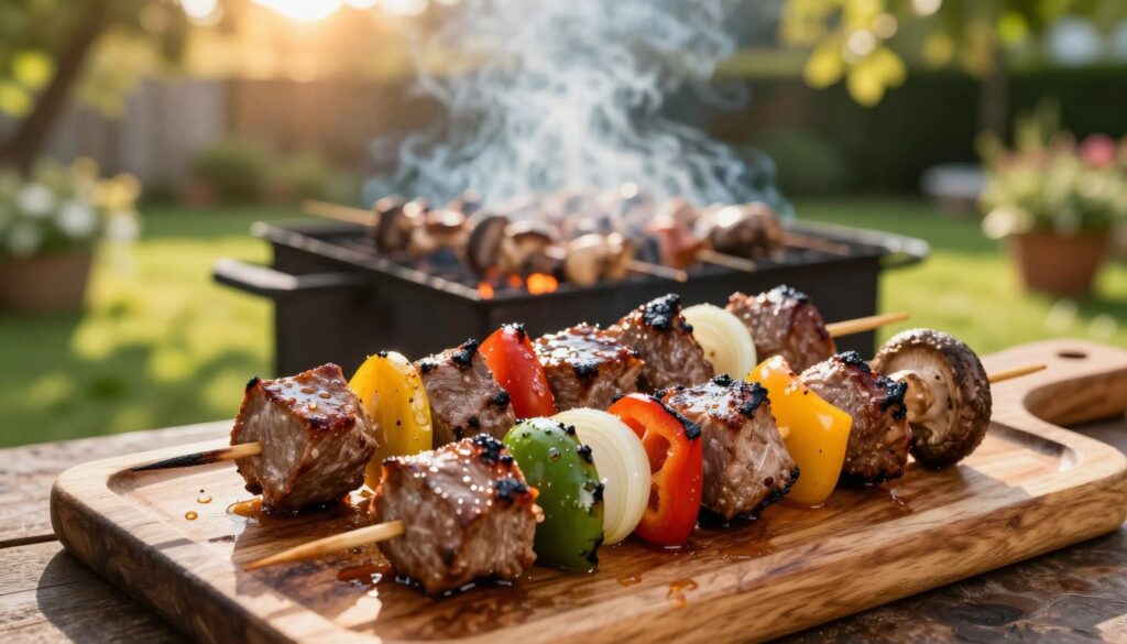 Juicy, grilled skewers of "szaszłyki grilla" featuring perfectly marinated chunks of meat and vibrant vegetables like bell peppers, onions, and mushrooms, arranged artistically on a rustic wooden platter. In the foreground, droplets of marinade glisten on the perfectly charred surfaces of the skewers, inviting the viewer's appetite. The middle of the image showcases a glowing grill emitting gentle smoke, with sizzling sounds implied. The background captures a lush green garden setting, with warm, golden afternoon sunlight filtering through trees, creating dappled shadows. The atmosphere feels lively and inviting, perfect for a summer gathering. Use a shallow depth of field to emphasize the delicious skewers while gently blurring the garden, adding a touch of warmth and intimacy to the scene.