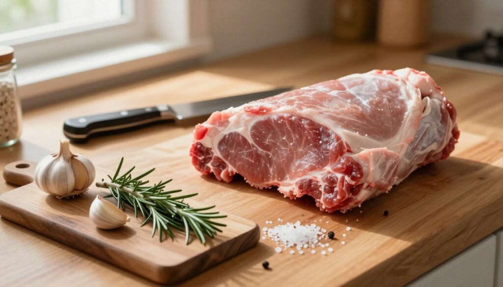 Preparing meat for marinating on a wooden kitchen table, showcasing thick cuts of pork shoulder and an assortment of fresh herbs and spices. The foreground features a small cutting board with garlic cloves, fresh rosemary, and sea salt scattered around. In the middle, there is a knife elegantly placed next to the pork, revealing the marbling of the meat. The background has blurred-out kitchen utensils and a warm, inviting light streaming in from a nearby window, creating a cozy atmosphere. The angle captures a top-down view, emphasizing the preparation process. The scene conveys a sense of culinary artistry and anticipation, perfect for highlighting the steps involved in meat preparation before marination.