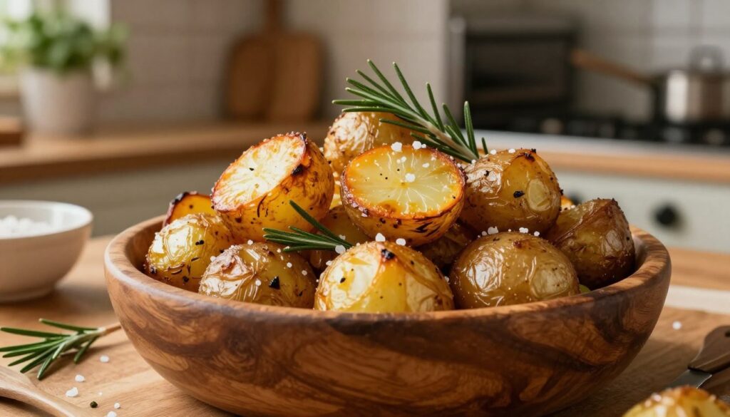 Rustic roasted potatoes, golden and crispy on the outside, nestled in a rustic wooden bowl, garnished with fresh rosemary sprigs and a sprinkle of sea salt. In the foreground, the glistening potatoes showcase their perfectly browned edges, reflecting warm, inviting light. The middle ground features a backdrop of a cozy kitchen with soft ambient lighting, including a wooden countertop and hints of kitchen herbs in pots. A ceramic dish can be partially visible, adding to the homey atmosphere. The background includes a blurred glimpse of an oven, subtly suggesting the cooking process. Capture the essence of warmth, comfort, and a hint of culinary expertise. The overall mood is inviting and flavorful, enticing the viewer to imagine the delightful taste of these seasoned roasted potatoes. Rustic roasted potatoes, golden and crispy on the outside, nestled in a rustic wooden bowl, garnished with fresh rosemary sprigs and a sprinkle of sea salt. In the foreground, the glistening potatoes showcase their perfectly browned edges, reflecting warm, inviting light. The middle ground features a backdrop of a cozy kitchen with soft ambient lighting, including a wooden countertop and hints of kitchen herbs in pots. A ceramic dish can be partially visible, adding to the homey atmosphere. The background includes a blurred glimpse of an oven, subtly suggesting the cooking process. Capture the essence of warmth, comfort, and a hint of culinary expertise. The overall mood is inviting and flavorful, enticing the viewer to imagine the delightful taste of these seasoned roasted potatoes.